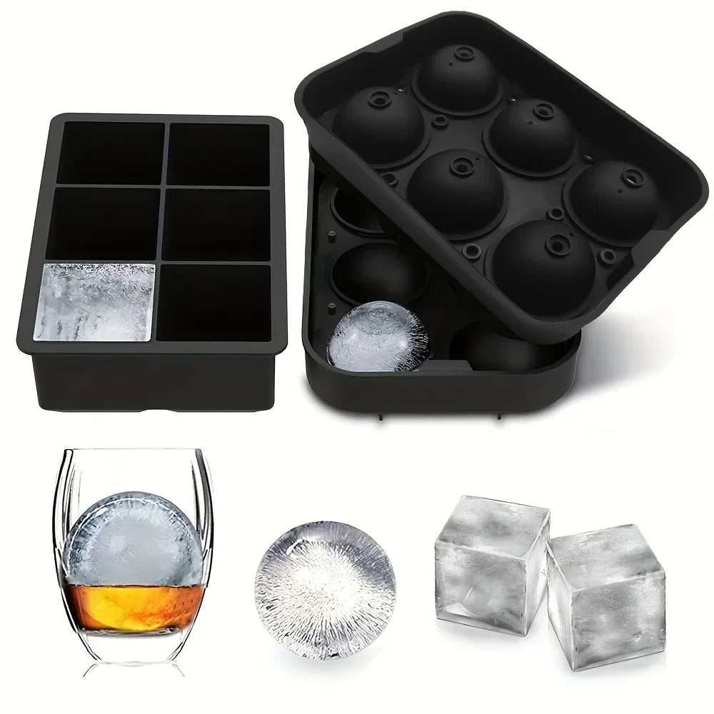 Silicone ice molds for making ice spheres and cubes, shown with finished ice and a drink