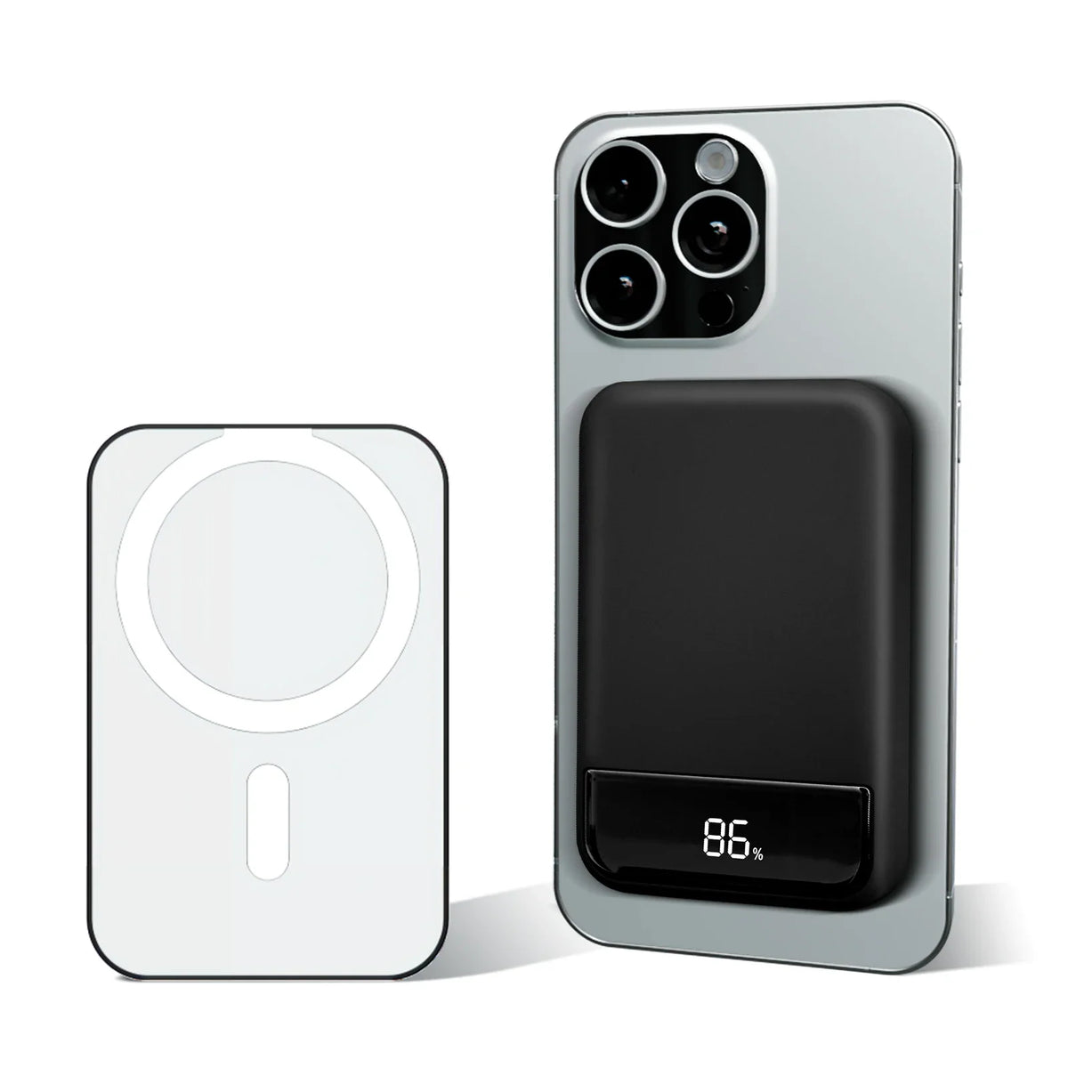 Magnetic wireless power bank charger attached to a smartphone