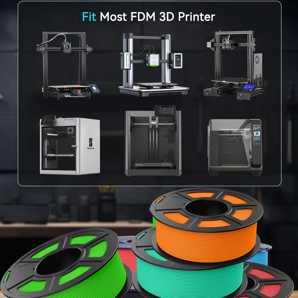 Assorted PETG 3D printer filament spools shown with various FDM 3D printer models for compatibility demonstration
