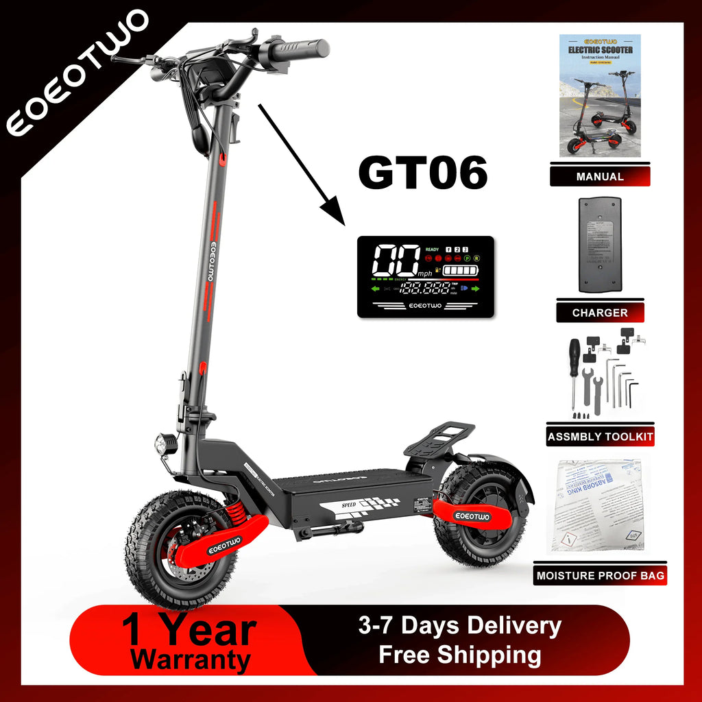 Electric scooter with accessories like charger and toolkit