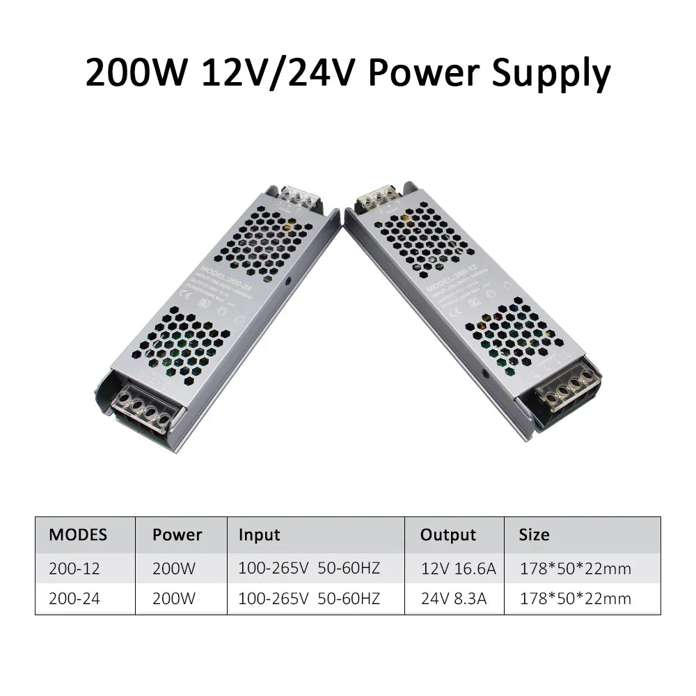 200W 12V and 24V slim metal power supplies with technical specifications table