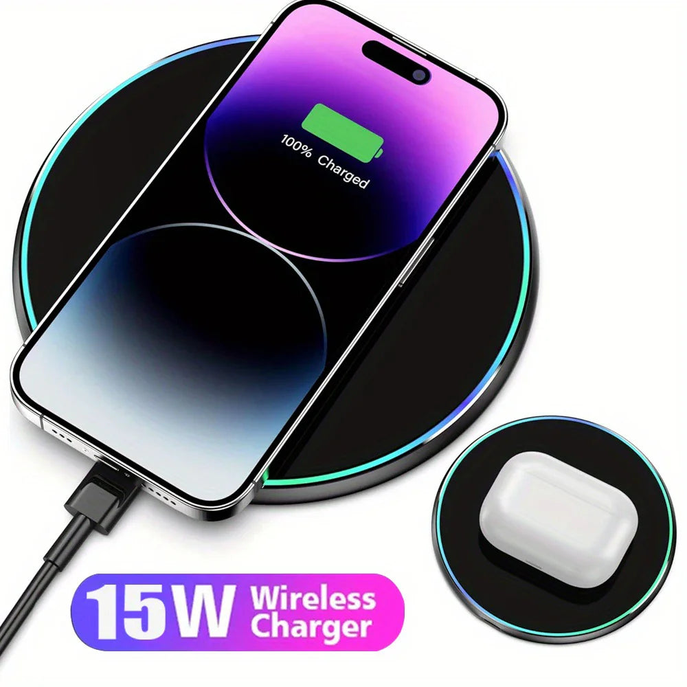Wireless charging pad with a smartphone and earbuds on top