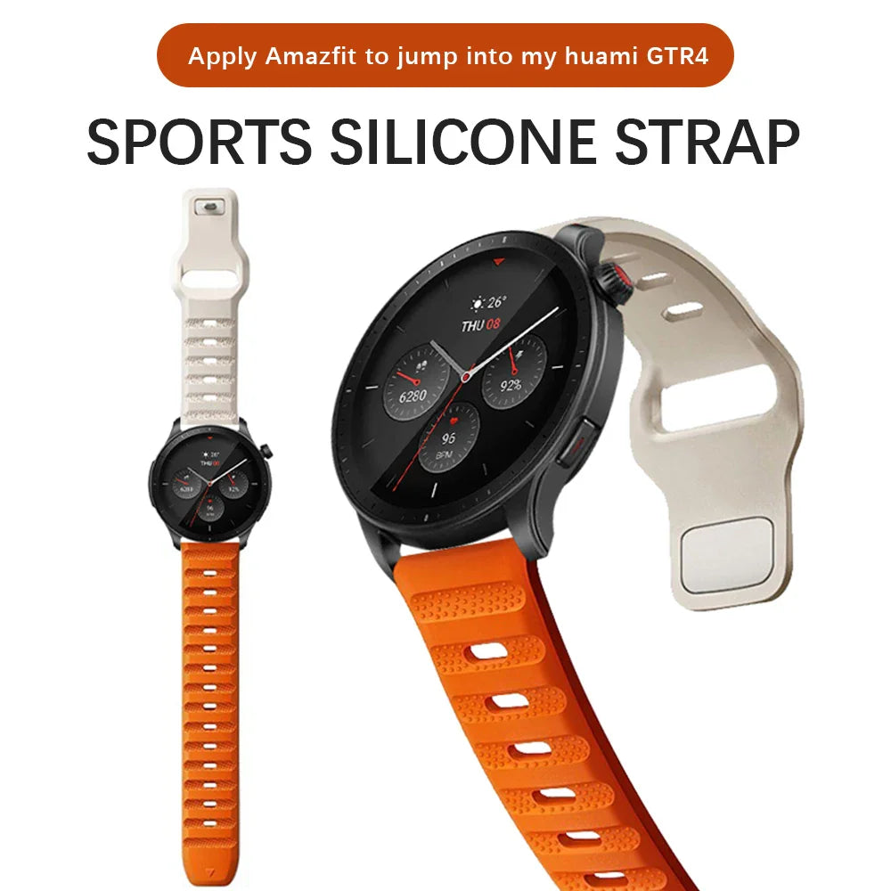 Orange and white silicone sports watch strap shown on a smart watch