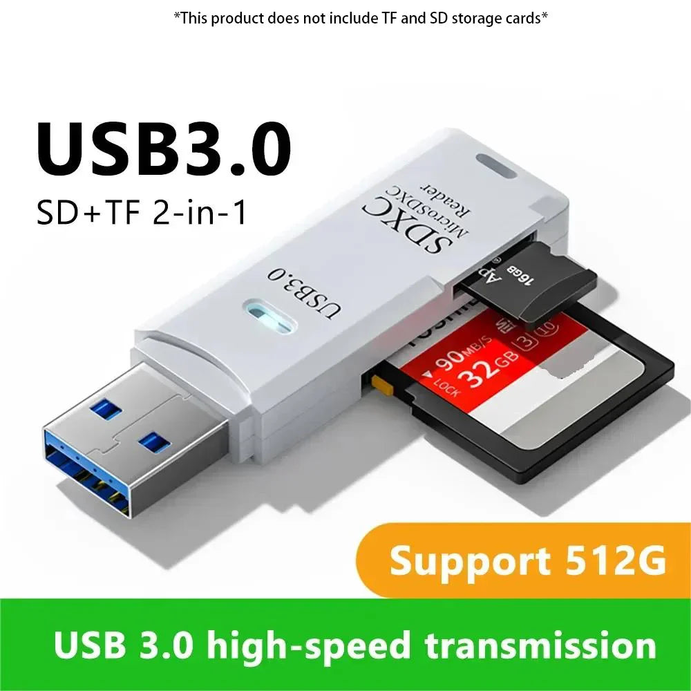 White USB 3.0 dual card reader for TF and SD memory cards