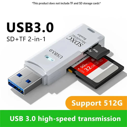 White USB 3.0 dual card reader for TF and SD memory cards