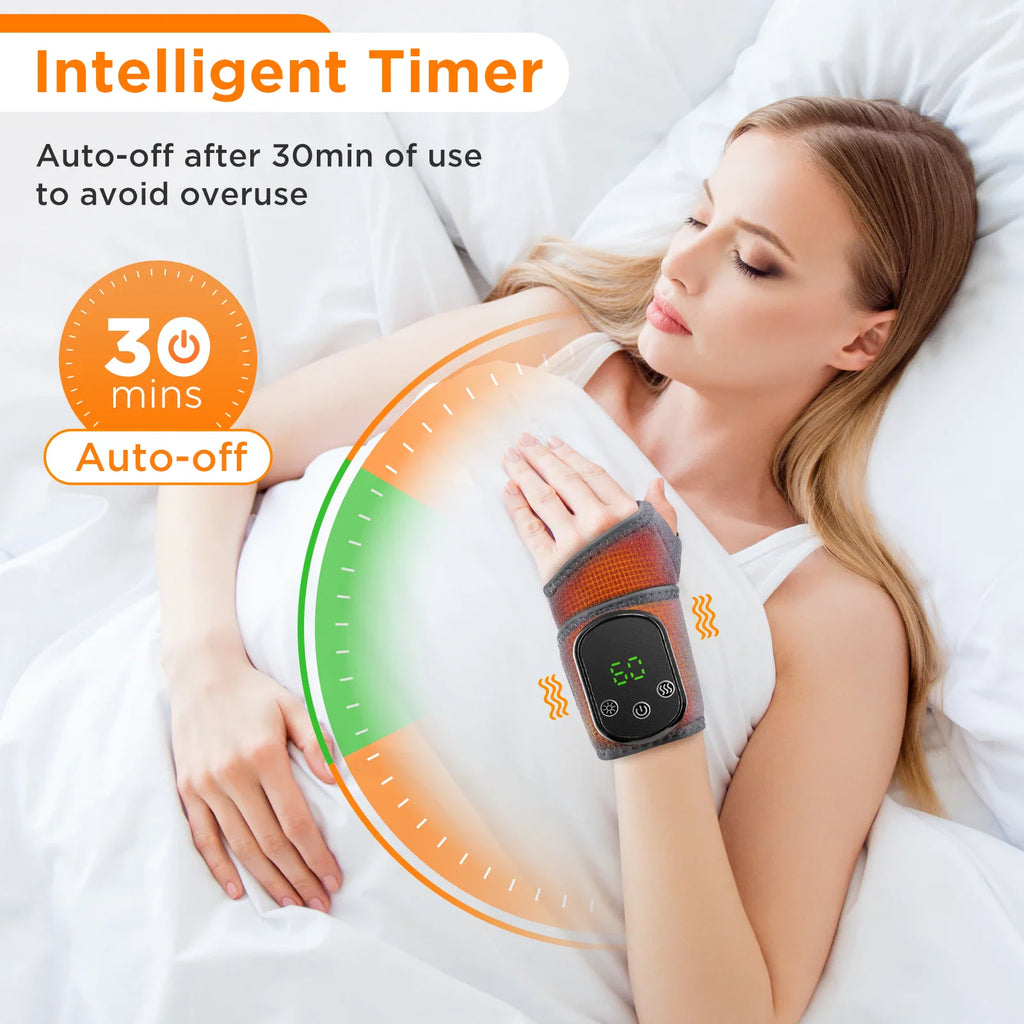 Woman resting with an electric heated wrist massager on her wrist, highlighting the auto-off timer function.