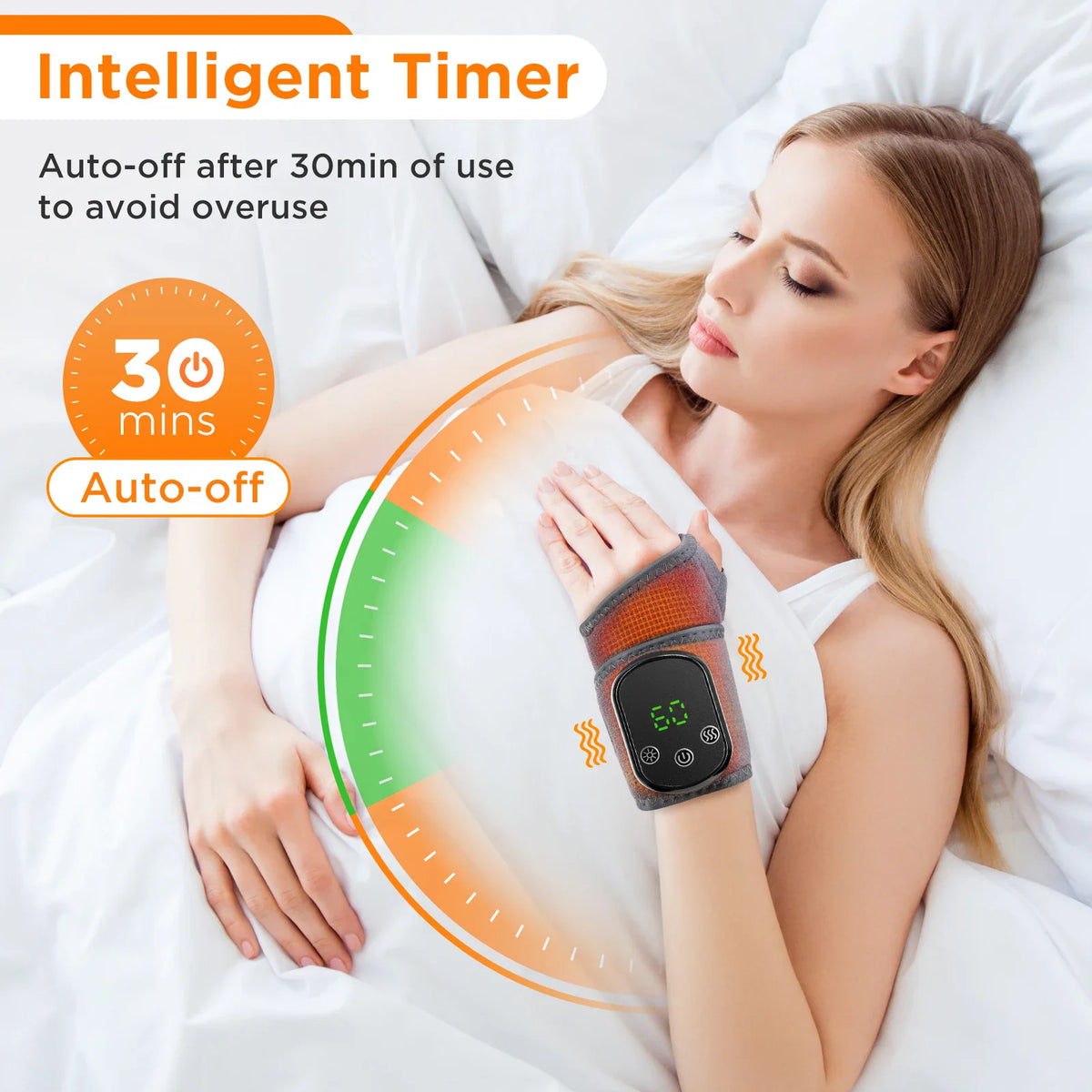 Woman resting with an electric heated wrist massager on her wrist, highlighting the auto-off timer function.