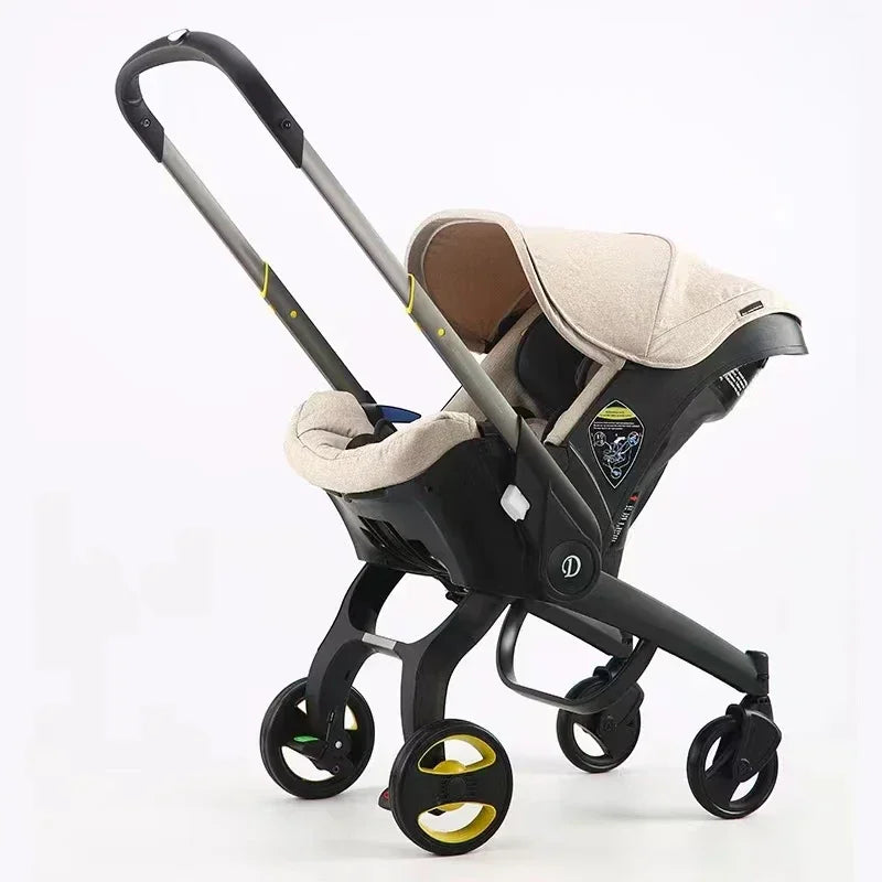 Beige infant car seat with integrated stroller wheels and adjustable handle
