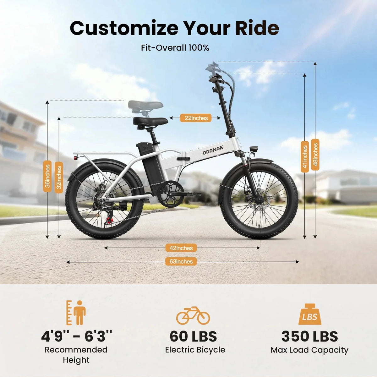 Diagram of a white electric bicycle showing dimensions, weight, and weight capacity.