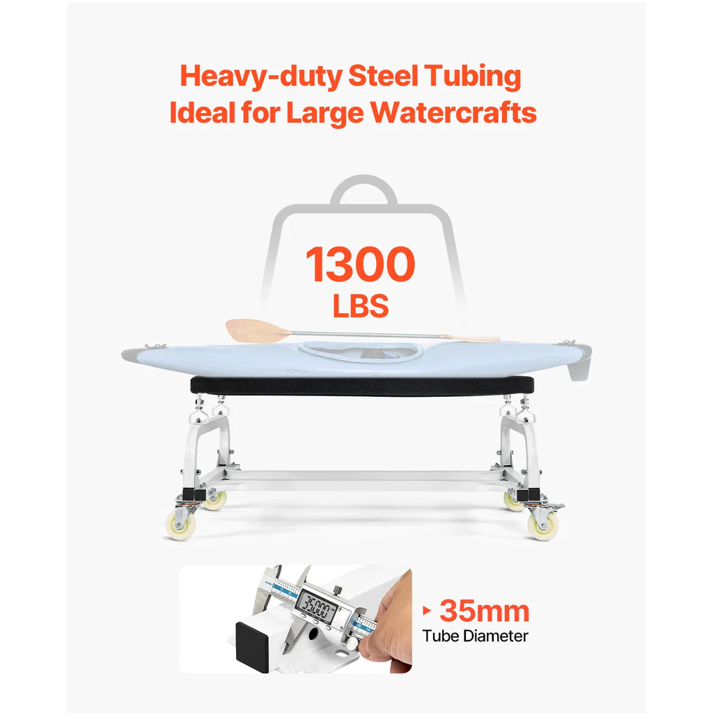 Jet ski dolly with kayak on top showing heavy duty construction and 1300lbs capacity
