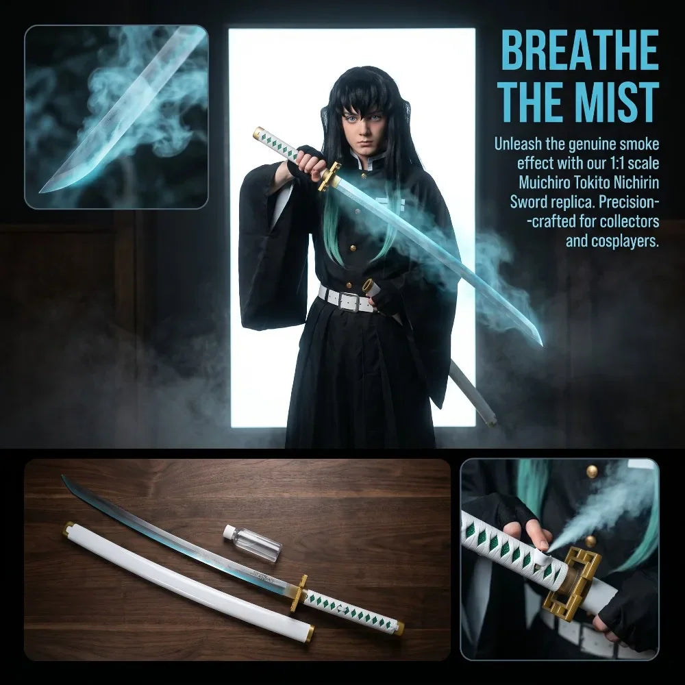 Display of a replica Japanese sword with cosplay model and vapor effect features