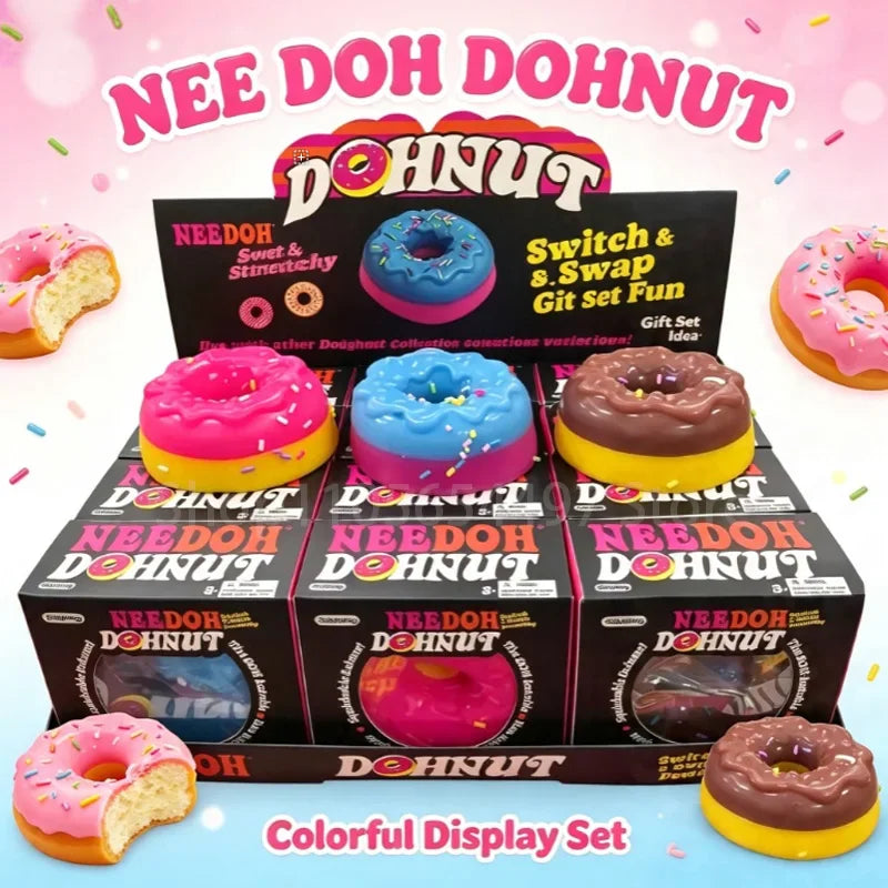 Set of three colorful doughnut shaped sensory fidget toys in their individual packaging.