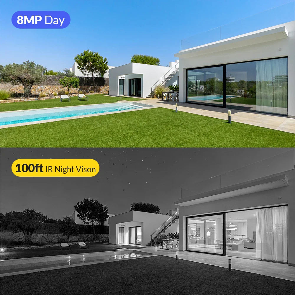 Comparison of 8MP daylight and infrared night vision video quality of a modern house exterior
