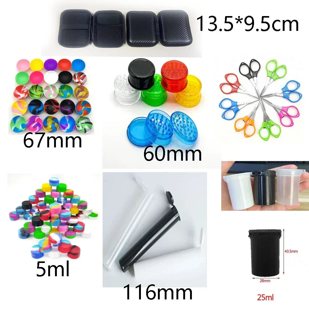 A collection of silicone jars, grinders, scissors, and containers with size labels.