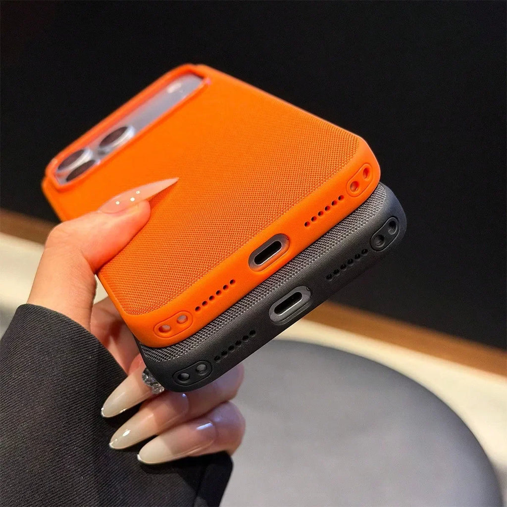 Orange and black woven fabric protective phone cases bottom view