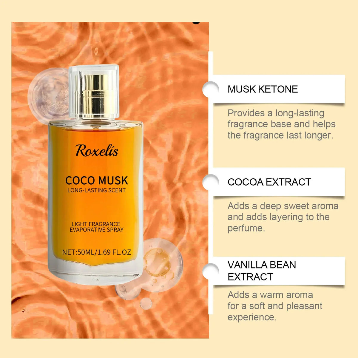 Coco Musk perfume bottle with ingredient list for musk ketone, cocoa extract, and vanilla bean extract.