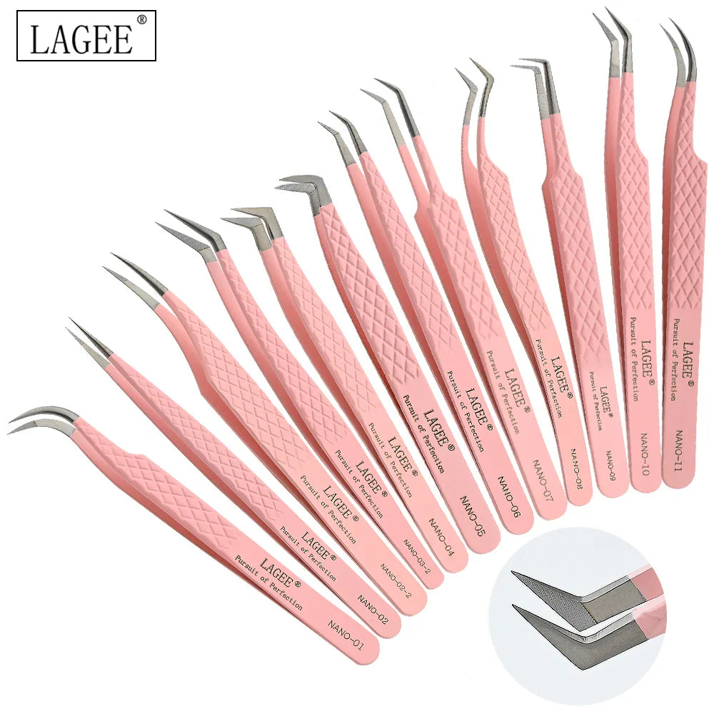 A collection of assorted baby pink precision eyelash extension tweezers in various curved and straight shapes