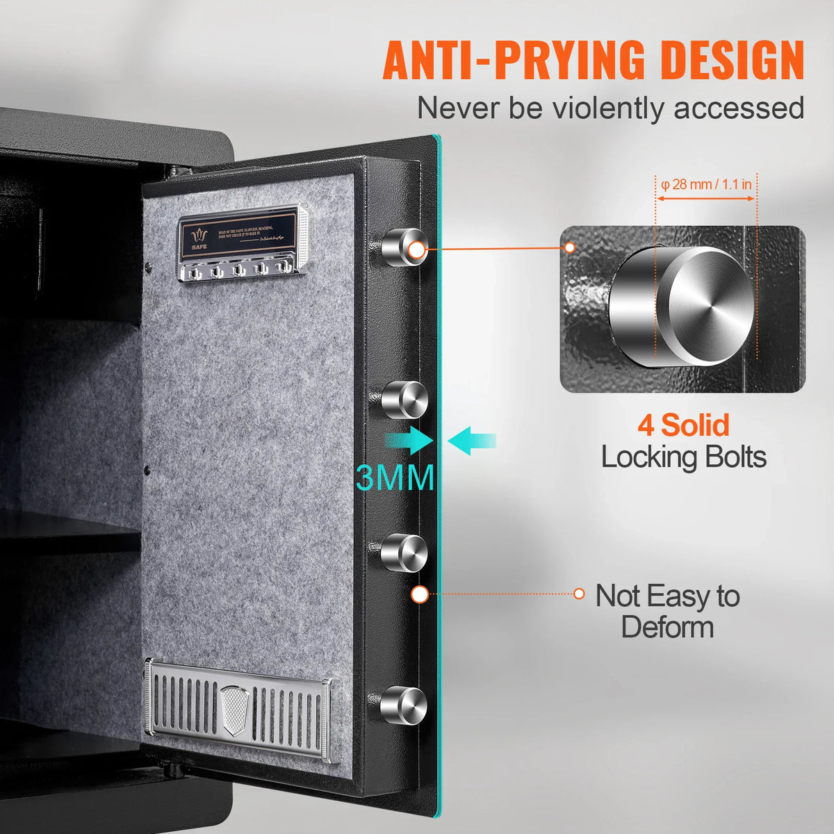 An open security safe highlighting its anti-prying design with solid locking bolts.