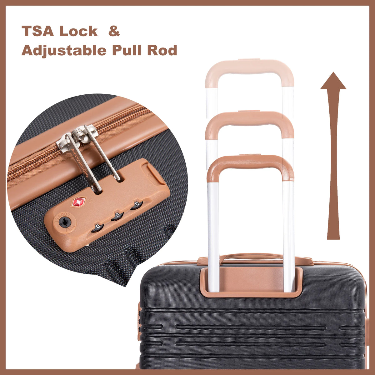 Detail of a TSA-approved luggage lock and an adjustable telescopic handle on a black suitcase.