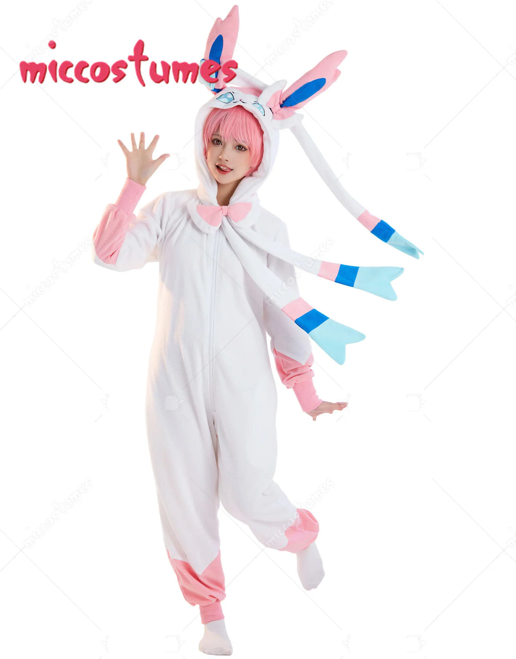 White and pink hooded anime style onesie pajama with long rabbit ears