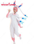 White and pink hooded anime style onesie pajama with long rabbit ears