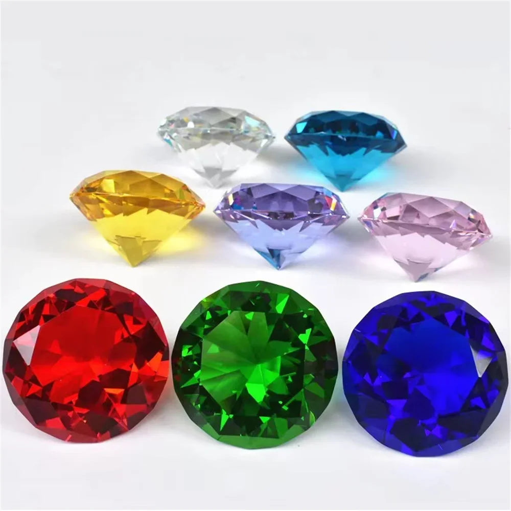Set of seven multi-colored crystal diamond paperweights