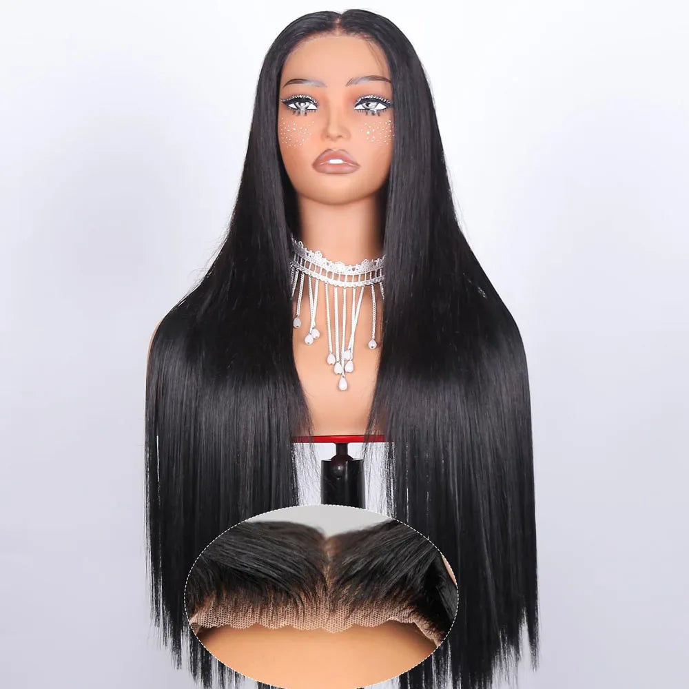 A straight black lace front wig on a mannequin head with an inset view of the lace hairline.