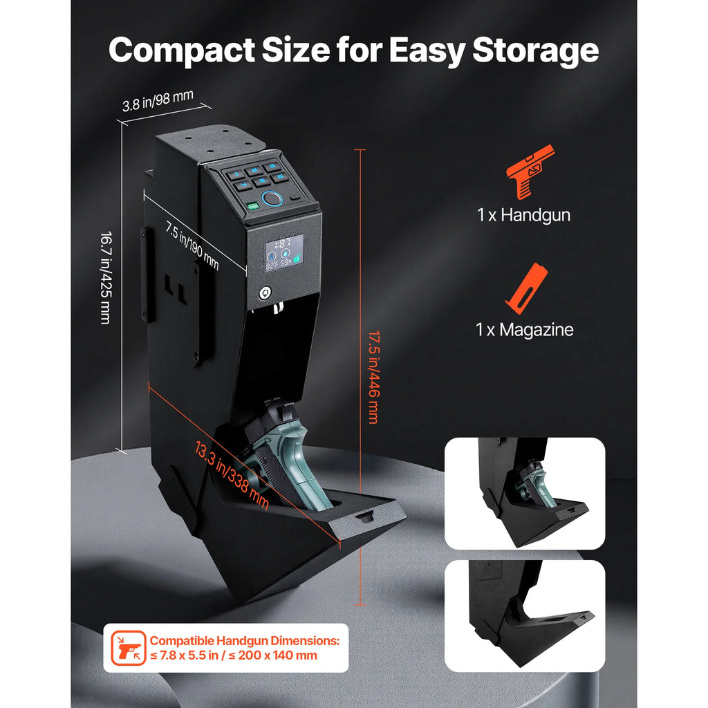 Compact gun safe with dimension annotations and handgun compatibility details