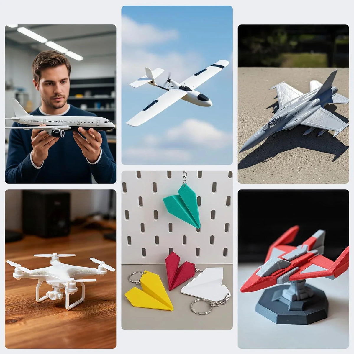 Assortment of 3D printed RC plane parts, drones, and keychains in various colors.