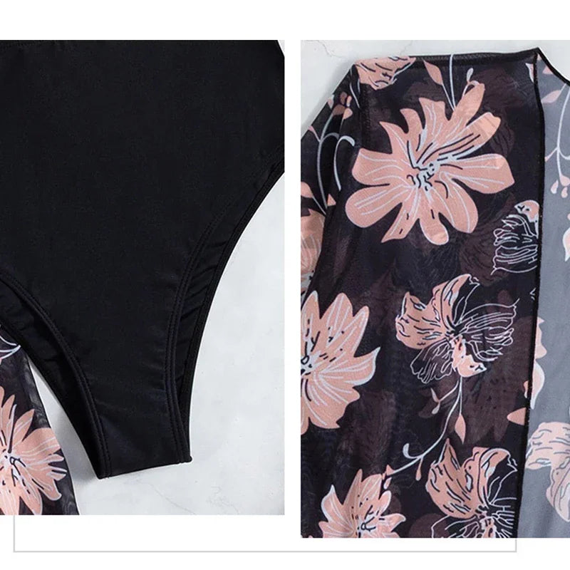 Detail close-up of a black high-waisted bikini bottom and a floral long-sleeve mesh fabric.