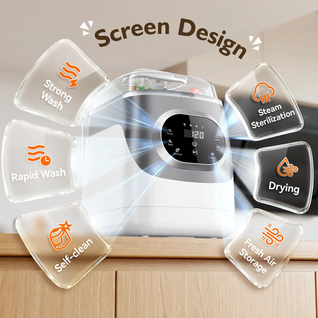Electric baby bottle washer and sterilizer highlighting screen functions with glowing icons
