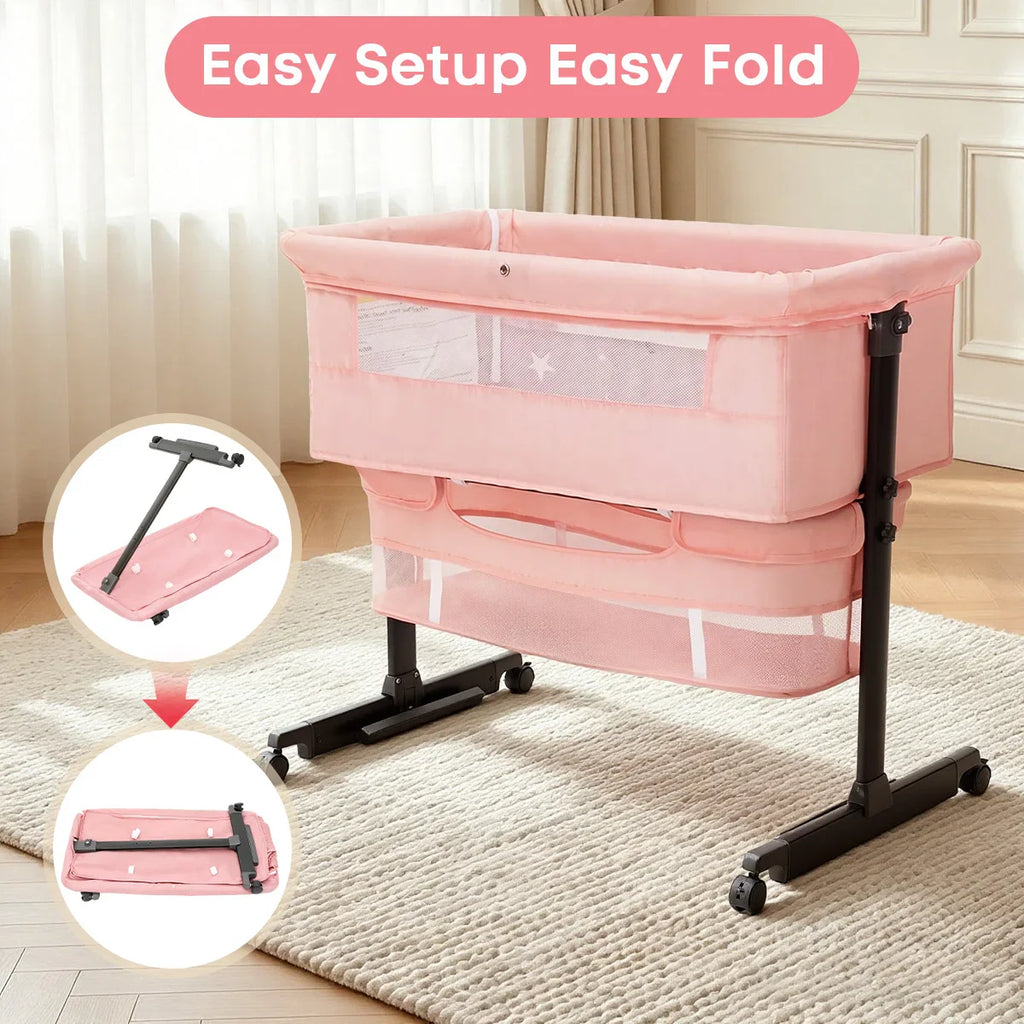 Pink foldable baby bassinet demonstrating easy setup and folding mechanism