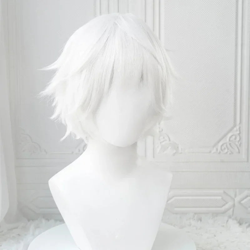 Short white fluffy anime-style cosplay wig on a white mannequin head