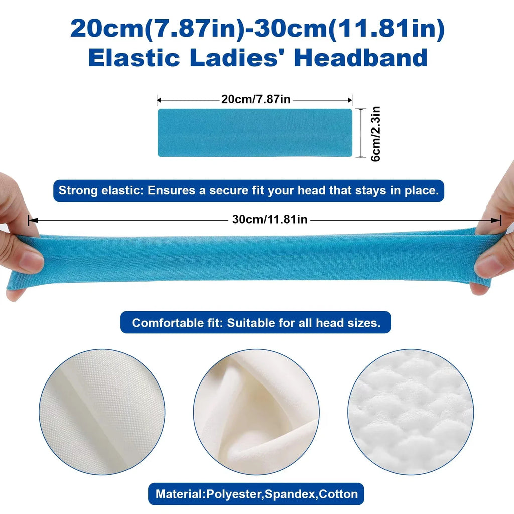 Demonstration of headband elasticity, dimensions, and fabric texture with instructional text.