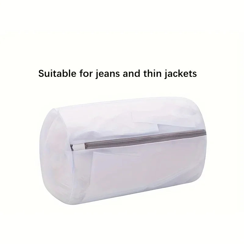 Cylindrical white mesh laundry bag for washing clothes.