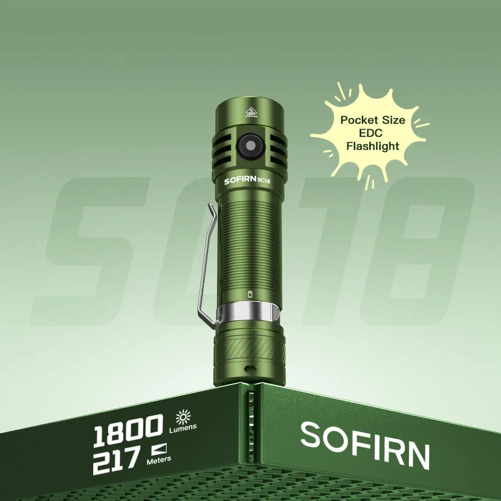 Green compact EDC flashlight showing lumen and beam distance specifications
