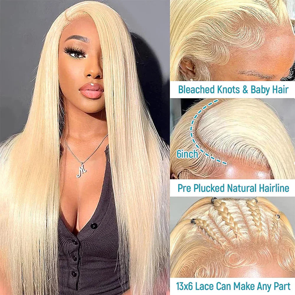 Close up of bleached knots and hairline of a blonde lace front wig