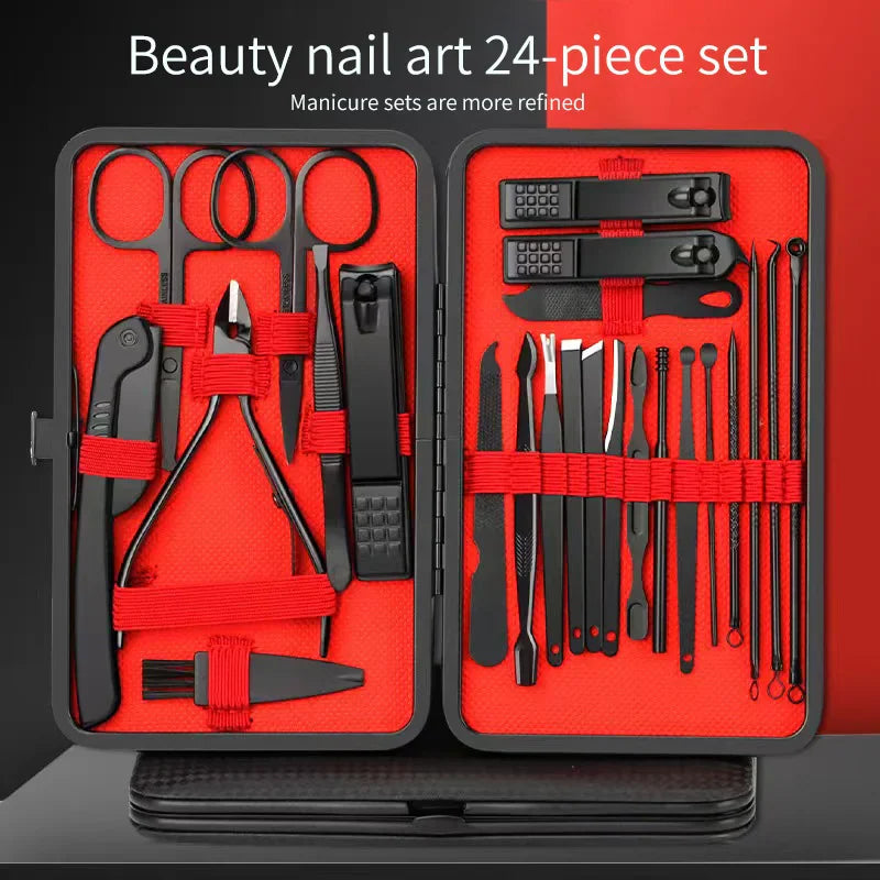 A comprehensive 24-piece black stainless steel manicure and pedicure grooming tool set in a red and black case.