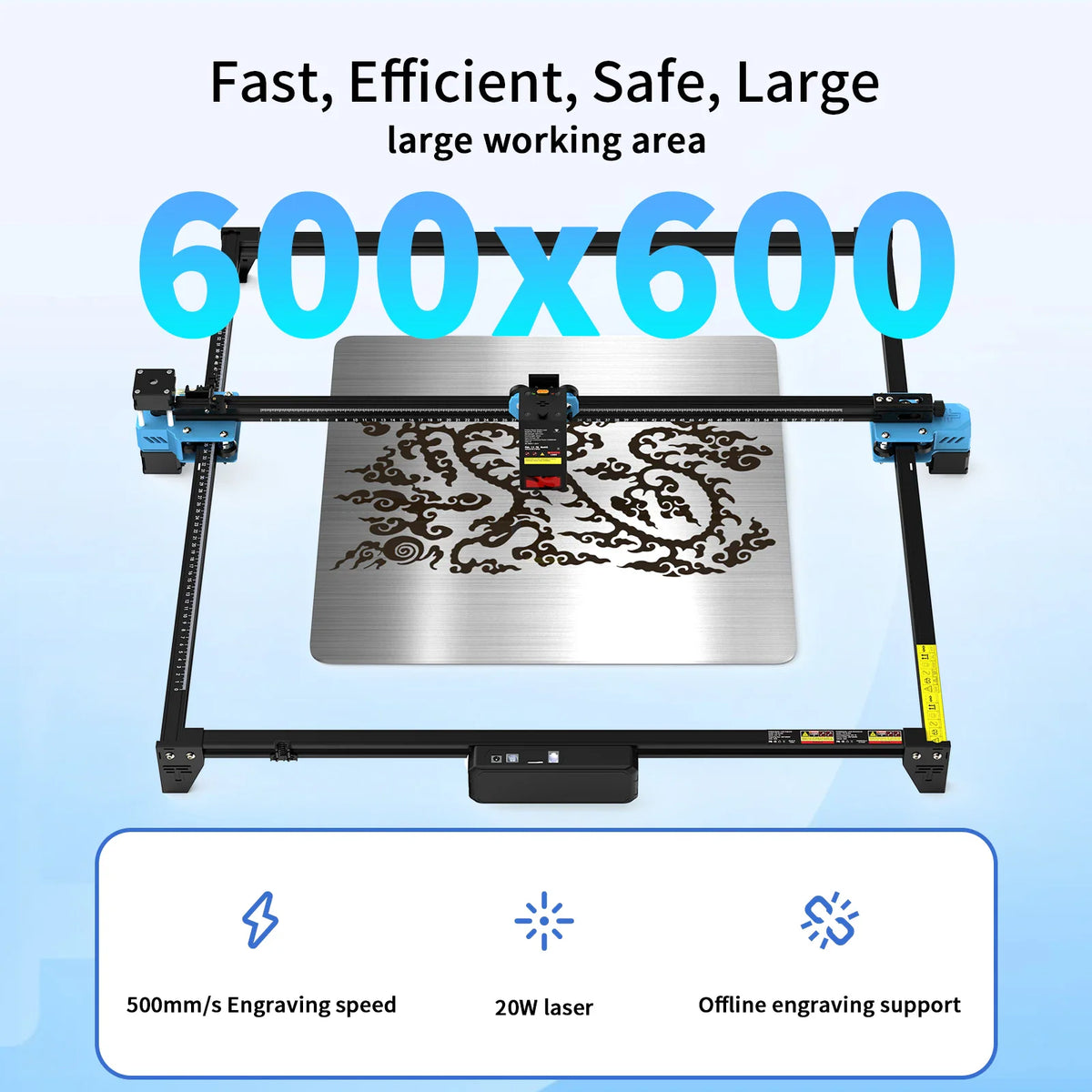 Laser engraver machine engraving a detailed dragon pattern on a metal plate
