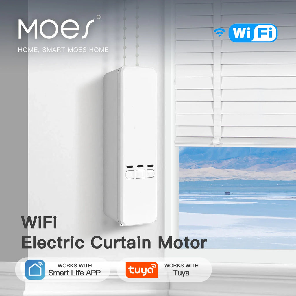 White WiFi electric roller blind motor installed on a window shade