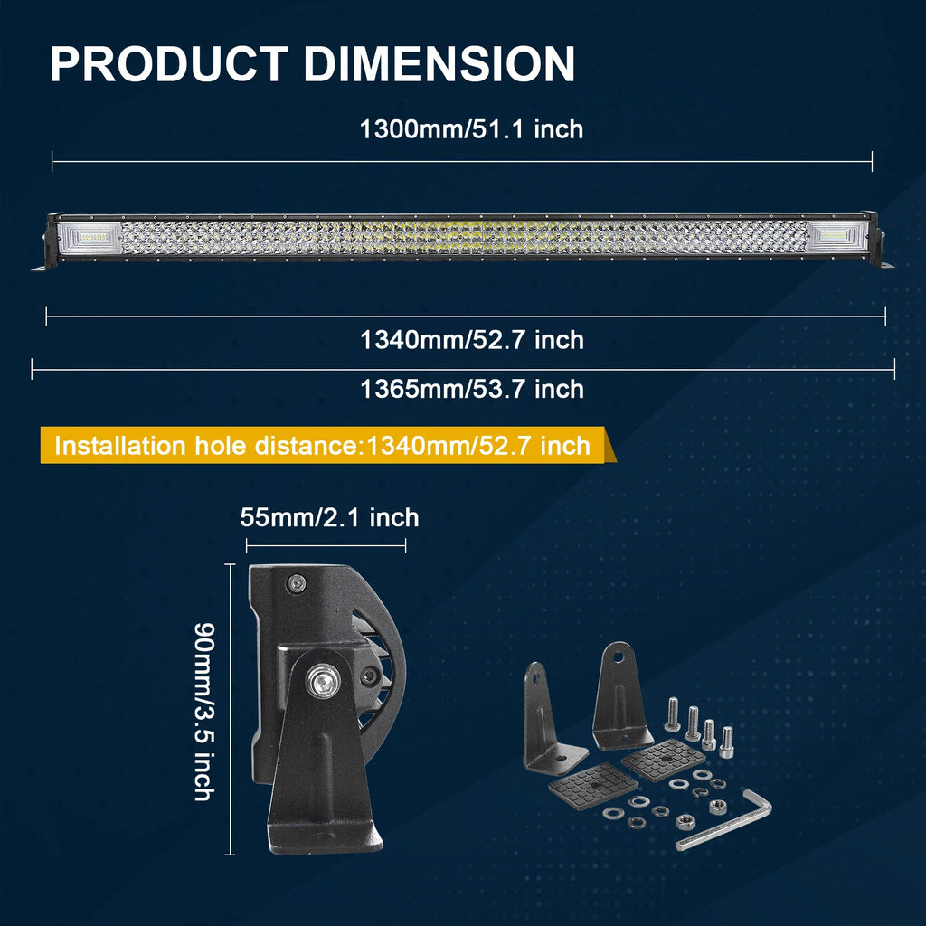 Technical diagram showing dimensions of the LED light bar and mounting brackets