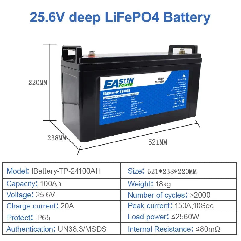 LiFePO4 battery with dimension lines and technical data sheet
