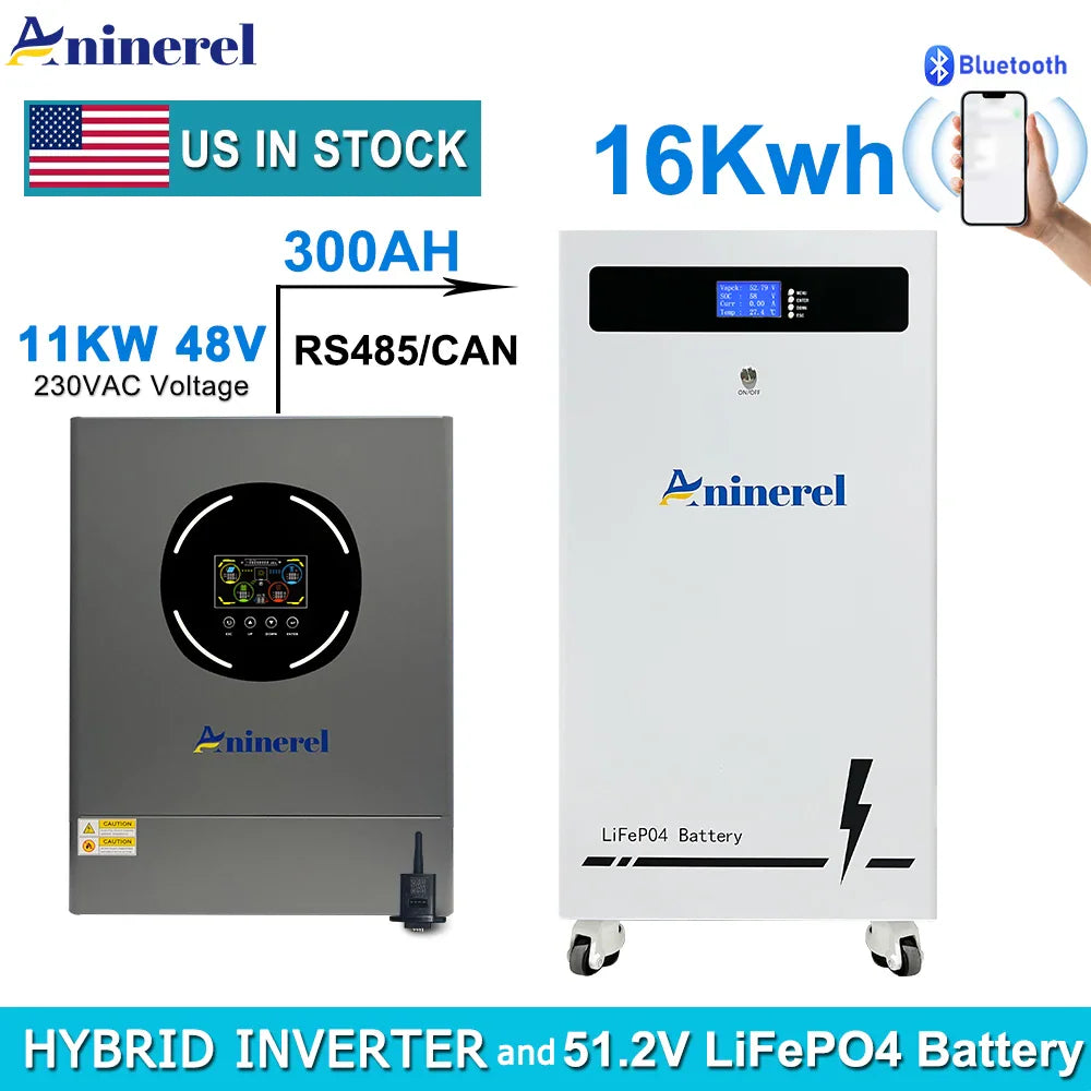 Aninerel 11KW hybrid solar inverter unit and a gray iron case LiFePO4 battery pack.