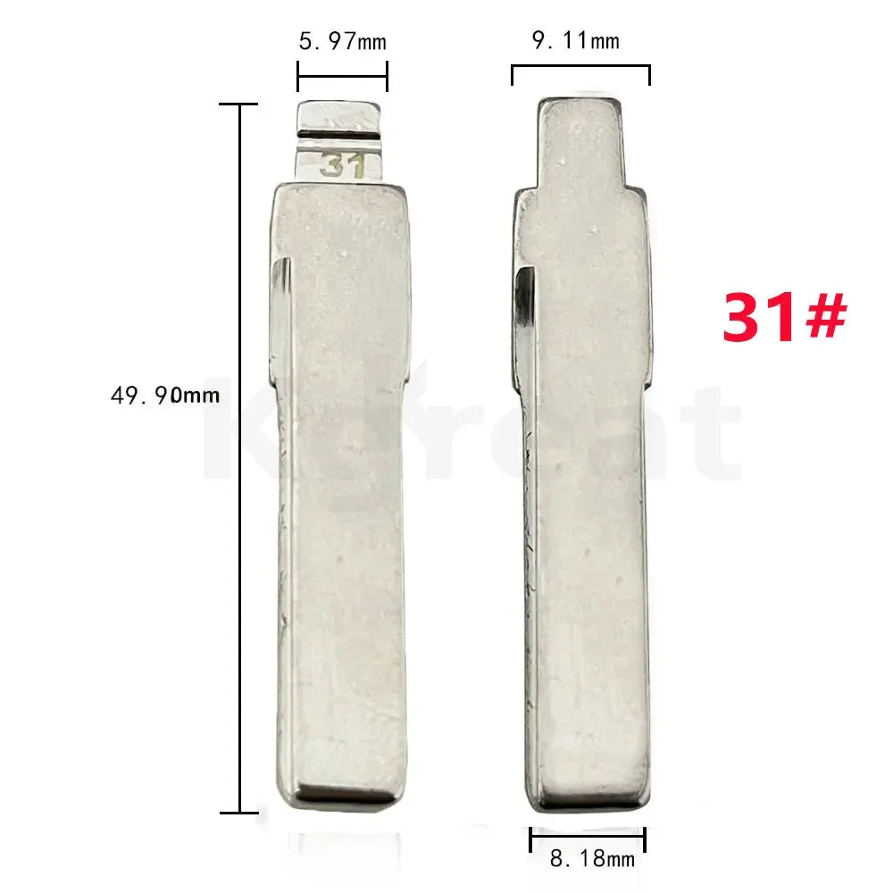 Metal key blade blank, model 31 showing technical measurements.