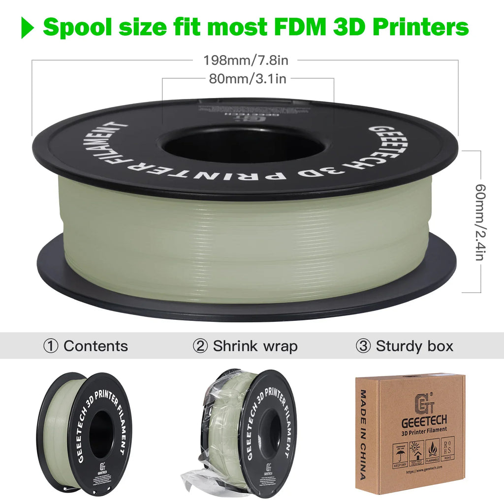3D printer filament spool showing dimensions, packaging, and contents