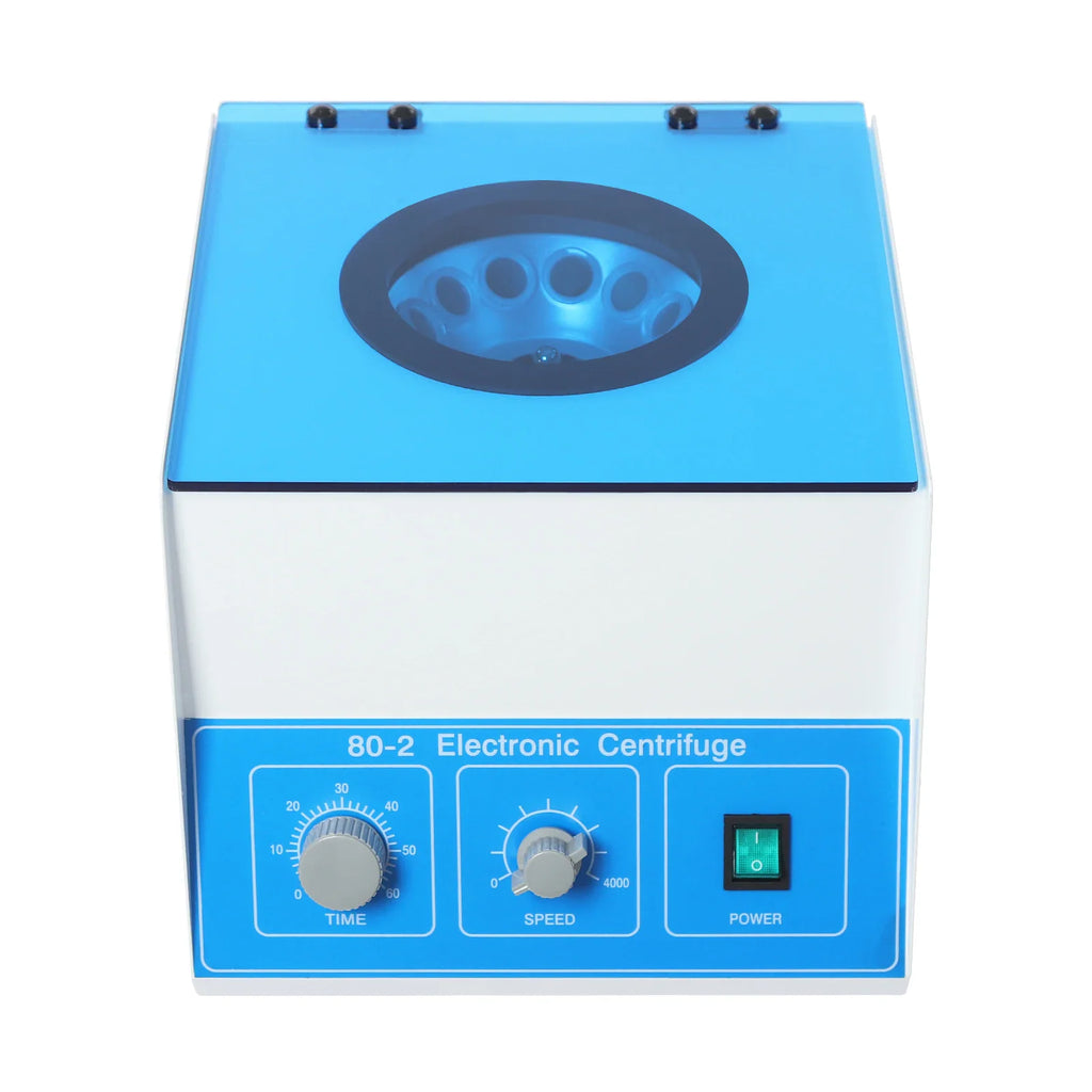 Front view of white and blue electronic lab centrifuge machine