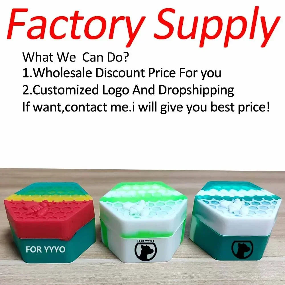 Three hexagonal silicone containers in various colors with bee and logo designs.