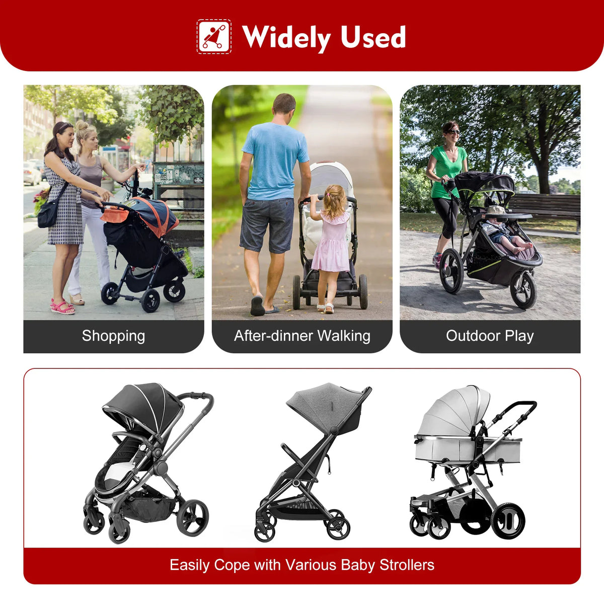 Universal stroller board shown in various outdoor scenarios with different strollers