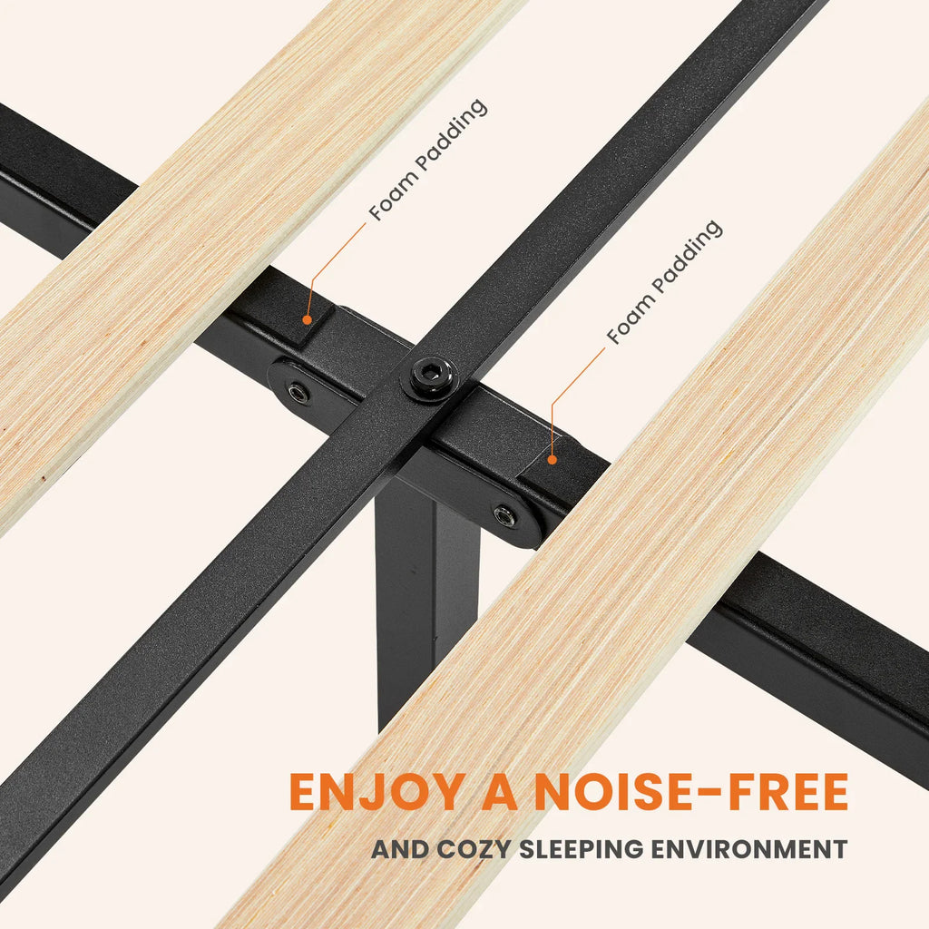 Noise-free bed frame structure showing foam padding on wooden slats