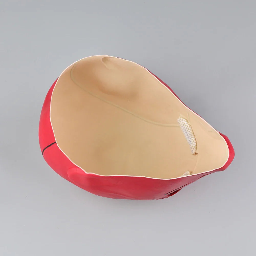 Interior view of the red cosplay helmet mask showing latex material